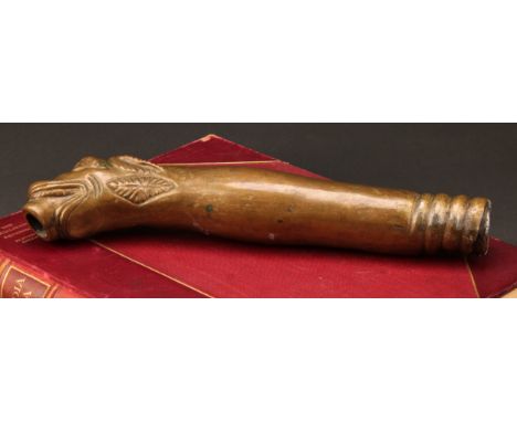 An unusual 18th/19th century bronze fountain head or spout, possibly Venetian, cast with a horned beast terminal, 29cm long