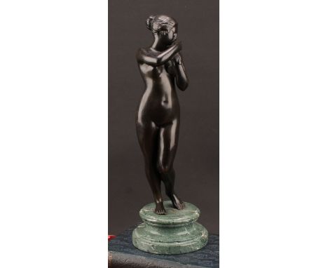 After Charles-Auguste Fraikin, a dark patinated bronze, Venus With Dove, marble plinth, 33cm high overall