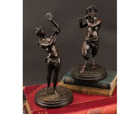 Clodion (pseudonym Claude Michel 1738–1814), after, a pair of brown patinated bronzes, Satyr with Pipe and Bacccante Playing 