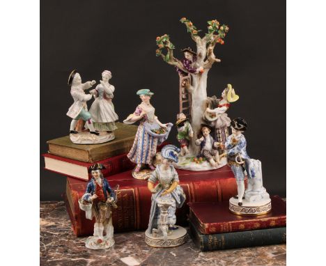 A Meissen porcelain figure group, The Apple Pickers, modelled with mother and three children gathering apples from a tree, in