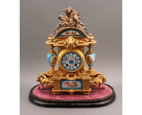 A Louis XVI revival ormolu and porcelain mantel clock, by Phillipe Mourey (1840-1920), 8cm dial inscribed with Arabic numeral