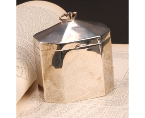 A Victorian silver octagonal tea caddy, of George III design, hinged cover with axehead handle, gilt interior, 10.5cm high, H