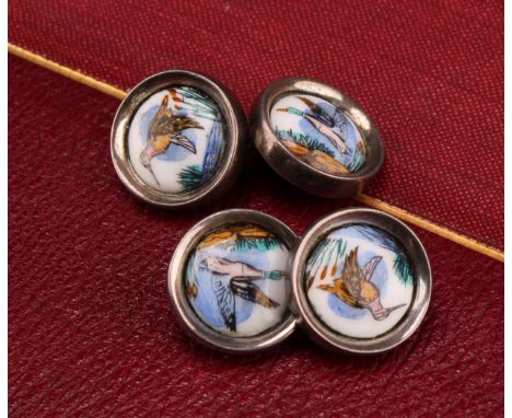 A pair of silver and enamel cufflinks, decorated with ducks, marked 925, 1.5cm diameter