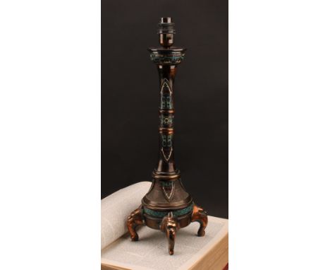 A Chinese cloisonné enamel table lamp, decorated in the archaic taste, 41.5cm to base of fitting