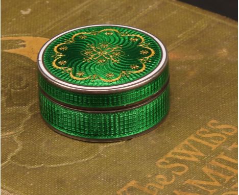 An Edward VII silver and green guilloche enamel circular snuff box, push cover, 3.5cm diameter, William Hutton &amp; Sons, Lo