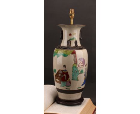 A Chinese export polychrome decorated porcelain vase, as a table lamp, of Nanking design, 58cm high overall