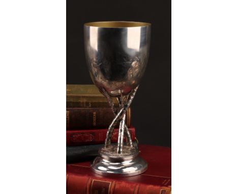 A large Chinese silver pedestal goblet, of naturalistic form as bamboo and roots, 27.5cm high, Wang Hing &amp; Co, Canton c.1