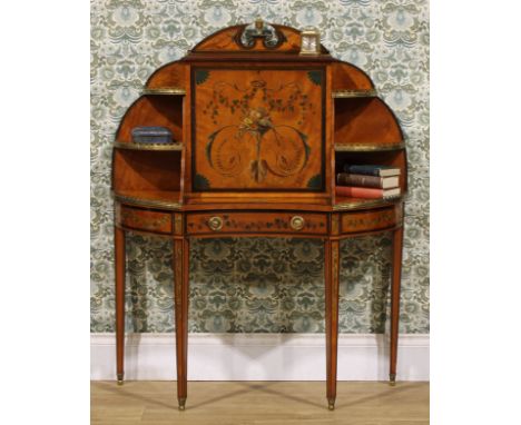 A Sheraton Revival gilt metal mounted satinwood and painted bonheur du jour, retailed by Samuel Litchfield (1818-94), 3 Bruto