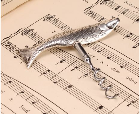 A George VI silver novelty direct-pull corkscrew, the T-shaped handle as a salmon, 9cm to tip of worm, G W Lewis &amp; Co, 19