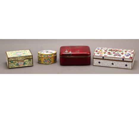 A Japanese ginbari cloisonné enamel rounded rectangular box and cover, decorated with wisteria on a red ground depicting bird
