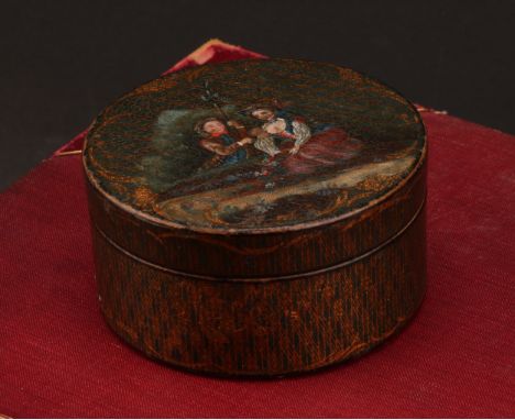 An early 19th century French vernis martin circular table snuff box, decorated with ladies gathering flowers, 8.5cm diam, c.1