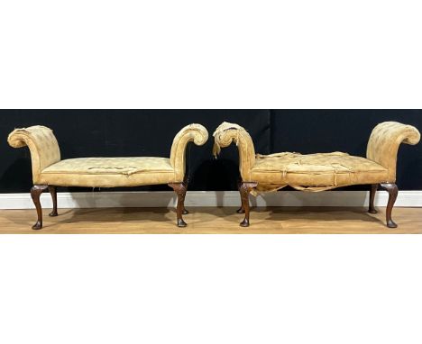 A pair of George I design mahogany serpentine window seats, stuffed-over upholstery, cabriole legs carved to the knees with s