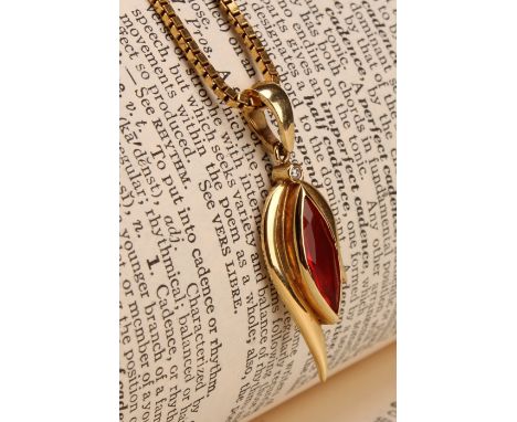 18ct gold Fire Opal and Diamond Pendant with fine 9ct gold box link chain, the pendant is set with a marquise cut deep orange