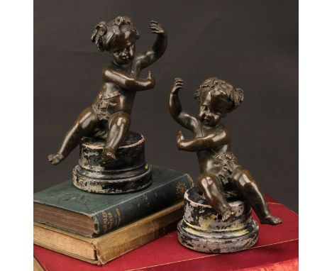 After Claude Michel Clodion (1738-1814), a pair of dark patinated bronze putti allegorical adornments, spring and summer, eac