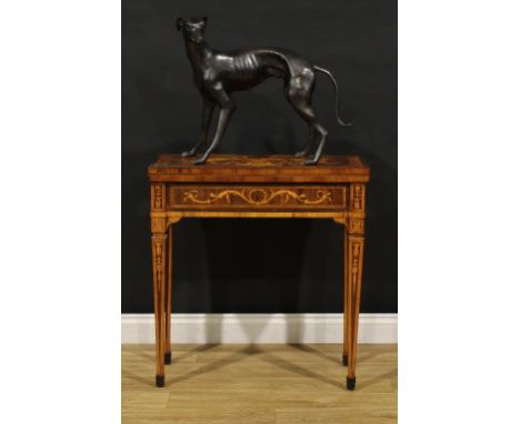 An early 19th century Italian rosewood and marquetry concertina action tea table, hinged top inlaid with scrolling foliage en