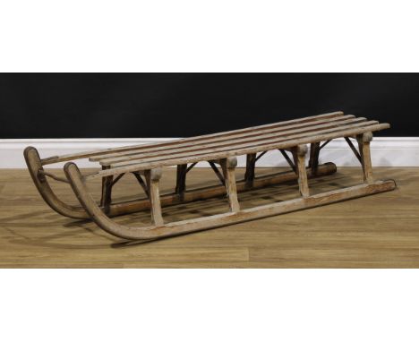 Winter Pastimes &amp; Outdoor Pursuits - a mid-20th century sledge or sled, retailed by Harrods Ltd, badged, 142cm long, 35.5
