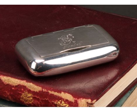 A George III silver rounded rectangular snuff box, quite plain, monogrammed and inscribed Isabel, 6cm wide, John Straw, Birmi