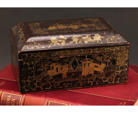 A 19th century Chinese papier mache lacquer tea caddy, decorated in gilt with scholars in garden settings, sarcophagus cover,