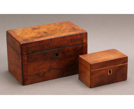 A 19th century walnut rectangular tea caddy, hinged cover enclosing a pair of lidded compartments, 20cm wide, c.1860; another