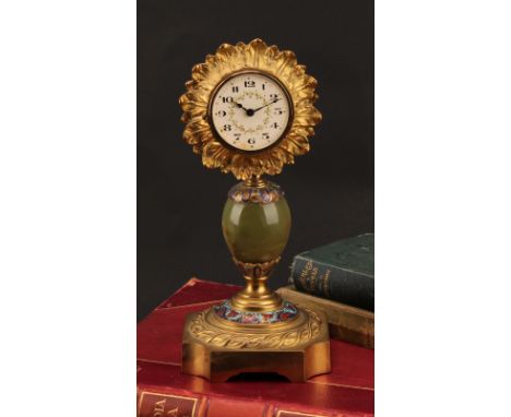 A French gilt metal, onyx and champlevé enamel boudoir timepiece, 5cm dial inscribed with Arabic numerals, Swiss keyless move