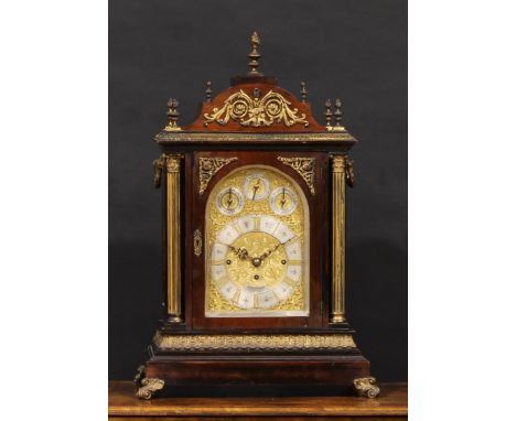 A substantial Victorian gilt metal mounted musical bracket clock, 18.5cm arched brass dial with silvered chapter ring inscrib