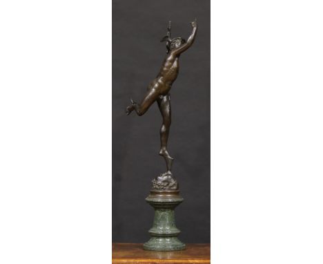 After Giambologna (1529-1608), a bronze figure, Mercury, serpentine plinth, 71.5cm high