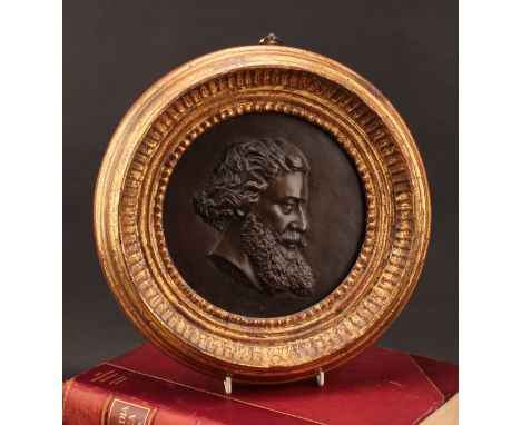 A 19th century bronze portrait plaque, cast in relief with a gentleman looking to sinister, signed in the maquette MAINFROY, 