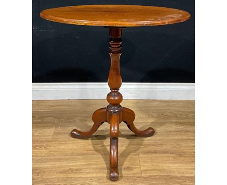 A 19th century mahogany tripod occasional table, oval top, turned baluster pillar, cabriole legs, 73cm high, 69cm wide, 49cm 