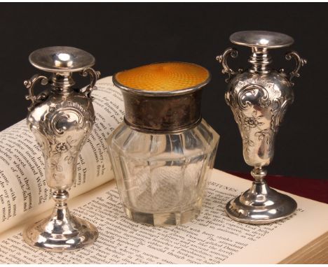 A pair of German silver miniature vases, chased with flowers and C-scrolls, loaded bases, 9cm high, 800 standard, c.1910; a G