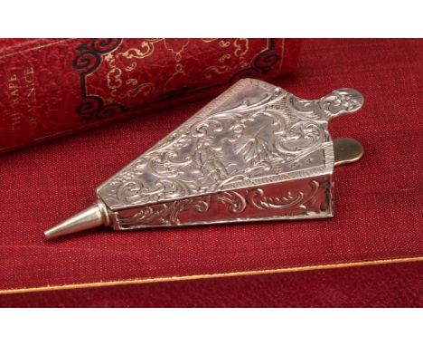 A Continental silver novelty snuff box, as a set of fire bellows, embossed with courting couples and leafy sccrolls, gilt int