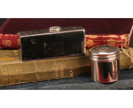 A George III circular snuff box, domed cover, 4cm high, London 1809; another, rectangular, loop handle to cover, 7.5cm long, 