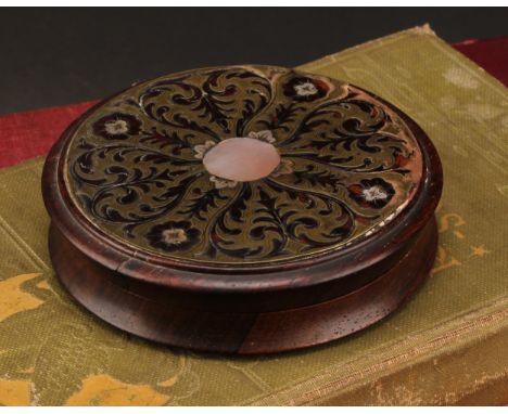 A 19th century boulle and rosewood waisted circular table snuff box, push-fitting cover centred by a mother of pearl roundel,