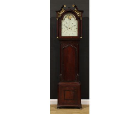 A George III Lancashire mahogany longcase clock, 35.5cm arched painted dial inscribed Thomas Baines, Preston, rolling moon ph