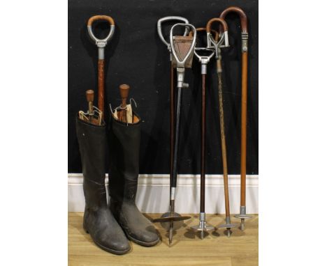 Country Pursuits - an Edwardian Cunliffe shooting stick, 87cm long; others, The Perfect, Tourist, etc; a pair of leather ridi