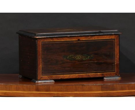 A 19th century Swiss rosewood and marquetry bells-in-sight music box, 14.5cm cylinder playing on a one-piece comb and three b