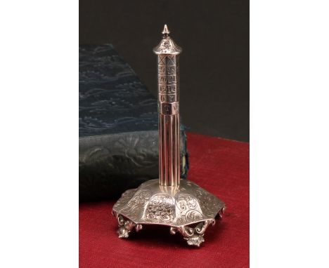A George IV silver novelty pillar-form perpetual calendar, the domed octagonal base chased with flowers, shells and foliage, 