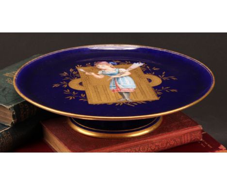 A Wedgwood Aesthetic Movement porcelain pedestal comport, painted with a peasant girl with feathered darts, within a solid ra