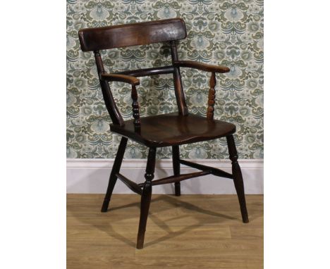 An early 19th century elm and beech bar back Windsor elbow chair, serpentine arms on bobbin-turned supports, turned legs, H-s