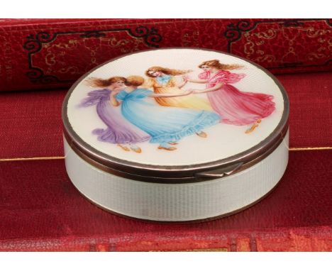 An early 20th century Continental silver and enamel circular table snuff box, hinged cover decorated in polychrome with young
