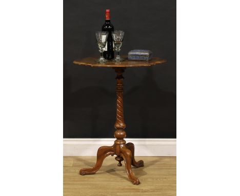 A Victorian mahogany shaped oval pedestal wine table, spirally turned pillar, cabriole legs, 72cm high, 57cm wide, 43cm deep