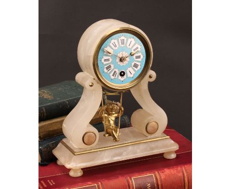 A late 19th century French alabaster mantel clock, 7.5cm dial inscribed with Roman numerals, the pendulum as a swinging putto
