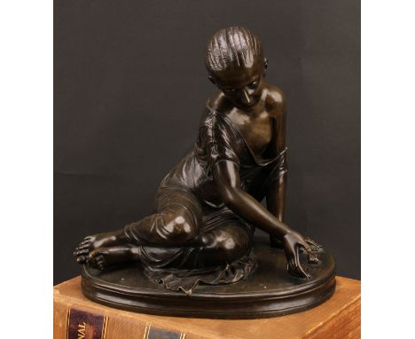 French School (fin de siècle), a patinated bronze, of a young girl playing knucklebones, the base applied with a plaque stamp