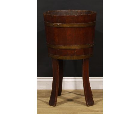 An Arts &amp; Crafts period coopered bloom trough, outswept legs, 78cm high, 45.5cm diameter, c.1910