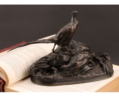 Auguste Cain (1821-1894), after, a dark patinated animalier cabinet bronze, hen and cock pheasant guarding their nest, nation