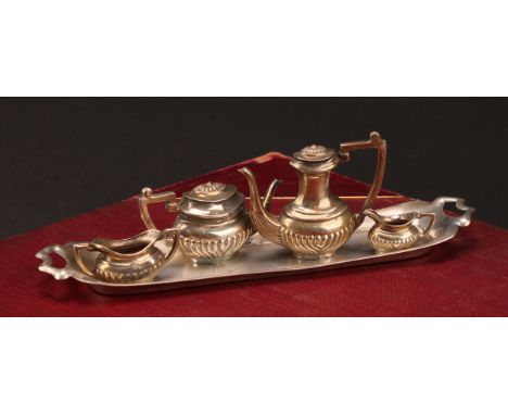 An Elizabeth II silver miniature four-piece half-fluted tea and coffee service on tray, comprising teapot, coffee pot, milk j