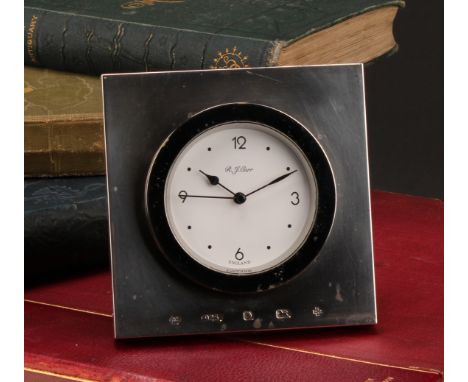An Elizabeth II silver easel timepiece, 5.5cm clock dial with Arabic numerals two quarters, 10cm square, R Carr, Sheffield 20