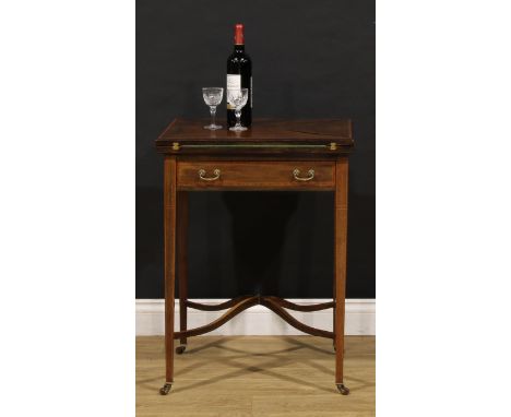 An Edwardian satinwood crossbanded mahogany envelope card table, drawer to frieze, curved X-stretcher, outlined throughout wi