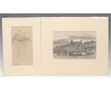 Newlyn School (20th century) Fishing Vessels at Harbour unsigned, pencil sketch, 21cm x 11cm; another similar, The Port Town,