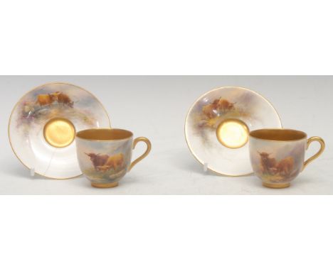 A composed pair of Royal Worcester cabinet cups and saucers, painted by Stinton, signed, with Highland cattle in a landscape,