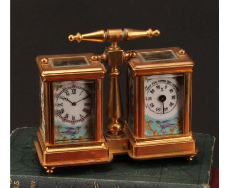 A reproduction Sevres type combination desk clock and thermometer, the lacquered brass case inset with porcelain panels decor